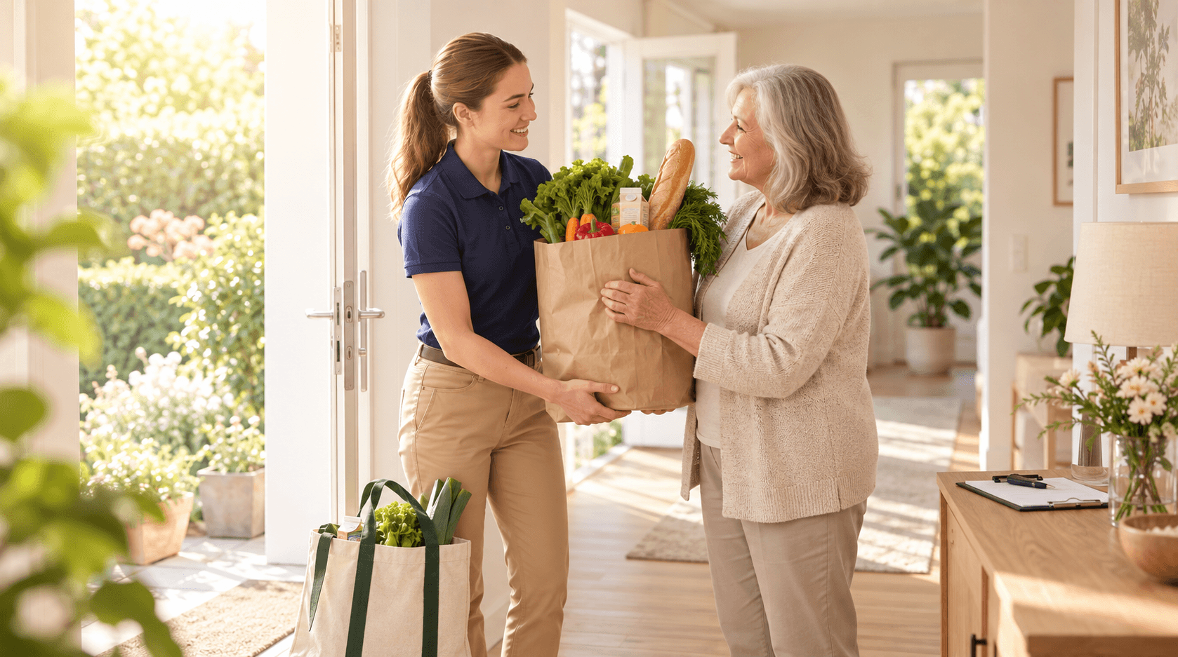 Alltagshelferin übergibt einer Seniorin ihre Einkäufe